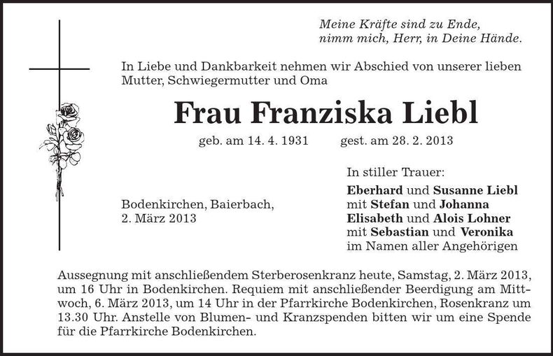 Traueranzeige Franziska Liebl