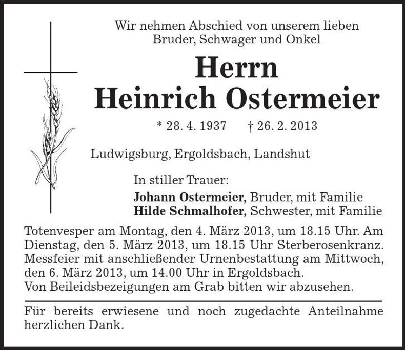 Traueranzeige Heinrich Ostermeier