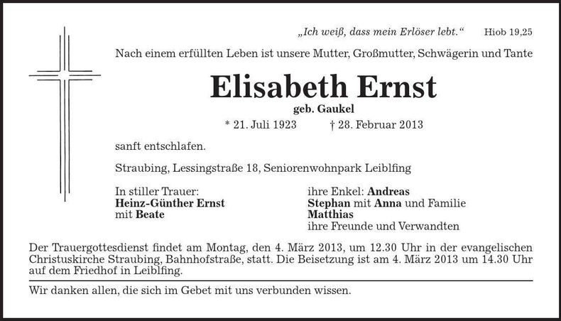 Traueranzeige Elisabeth Ernst