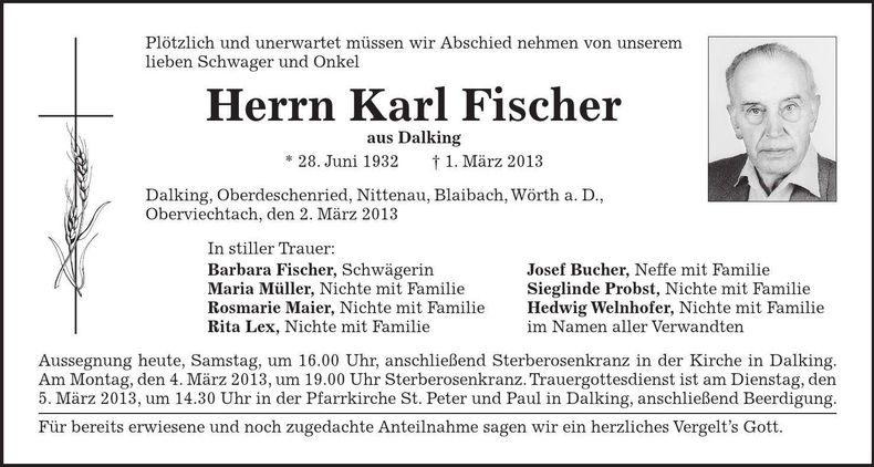 Traueranzeige Karl Fischer