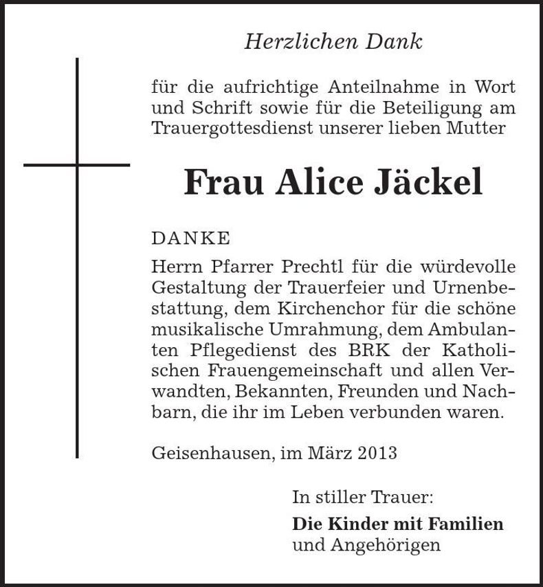 Traueranzeige Alice Jäckel