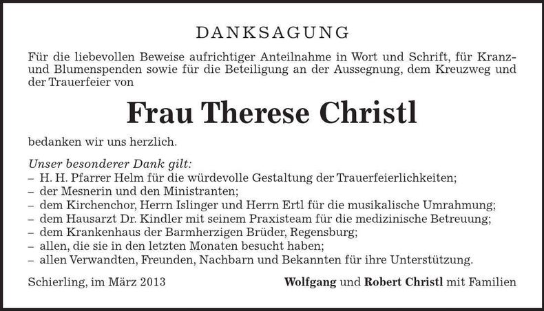 Traueranzeige Therese Christl