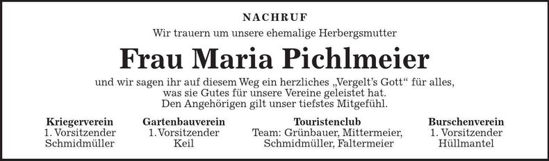 Traueranzeige Maria Pichlmeier