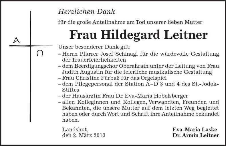 Traueranzeige Hildegard Leitner