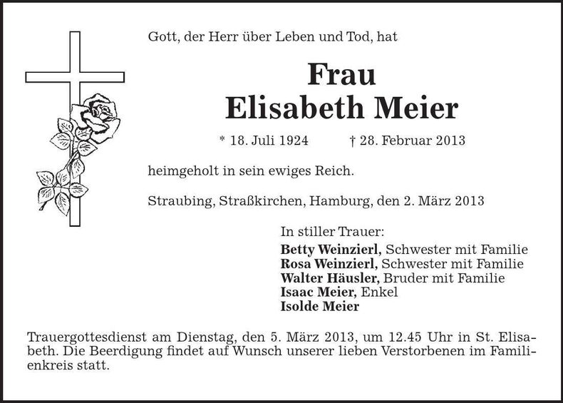 Traueranzeige Elisabeth Meier