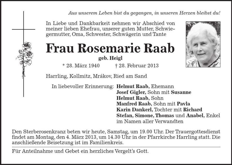 Traueranzeige Rosemarie Raab