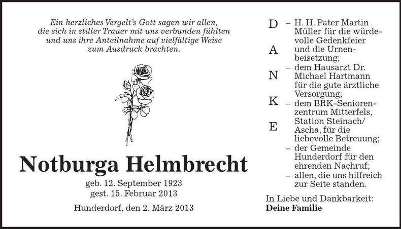 Traueranzeige Notburga Helmbrecht