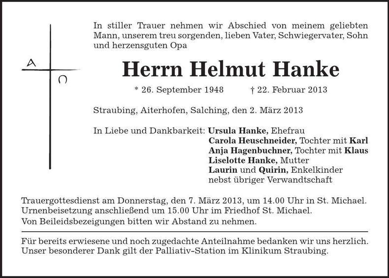 Traueranzeige Helmut Hanke