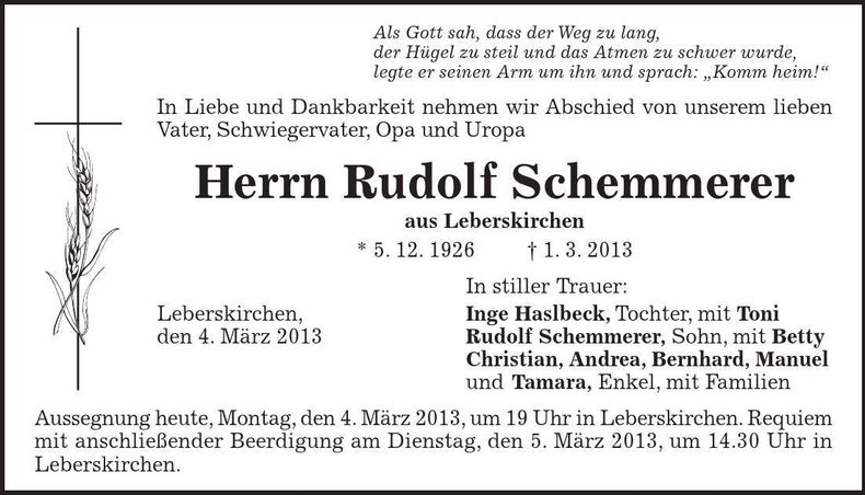 Traueranzeige Rudolf Schemmerer