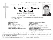 Traueranzeige Franz Xaver Gschwind