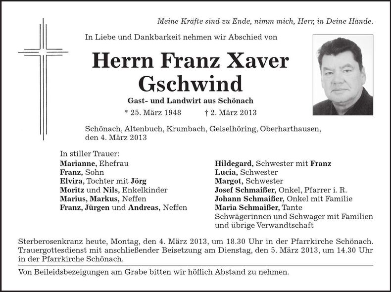 Traueranzeige Franz Xaver Gschwind