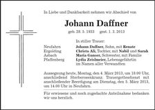 Traueranzeige Johann Daffner