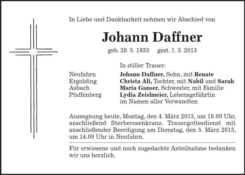 Traueranzeige Johann Daffner