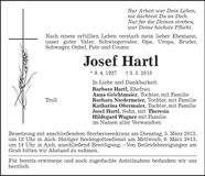 Traueranzeige Josef Hartl