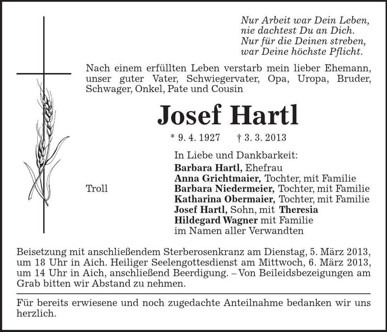 Traueranzeige Josef Hartl