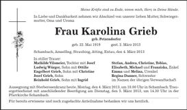 Traueranzeige Karolina Grieb