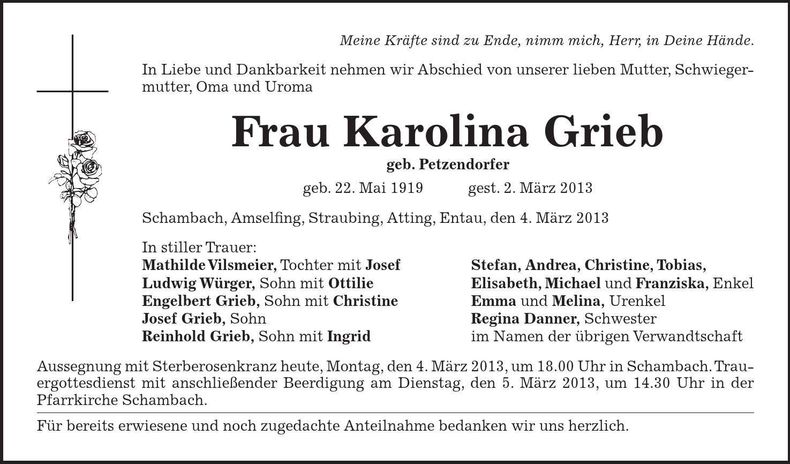 Traueranzeige Karolina Grieb