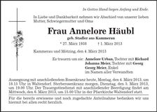 Traueranzeige Annelore Häubl