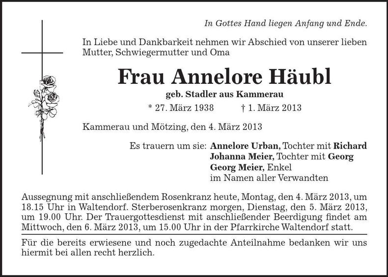 Traueranzeige Annelore Häubl