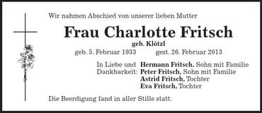 Traueranzeige Charlotte Fritsch