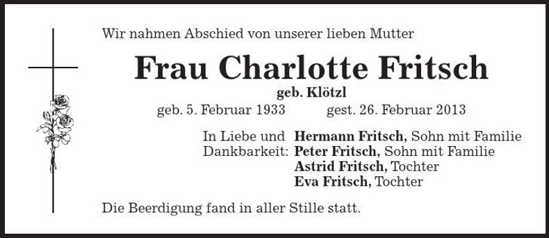 Traueranzeige Charlotte Fritsch