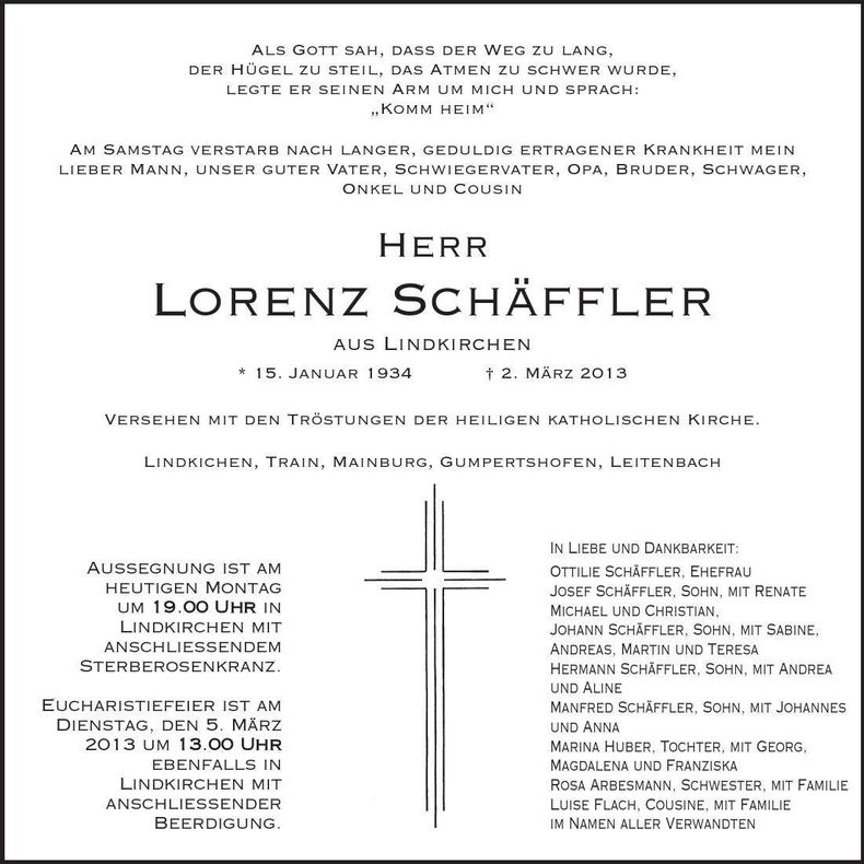 Traueranzeige Lorenz Schäffler
