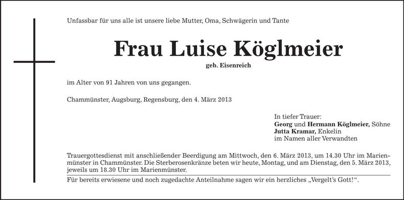 Traueranzeige Luise Köglmeier