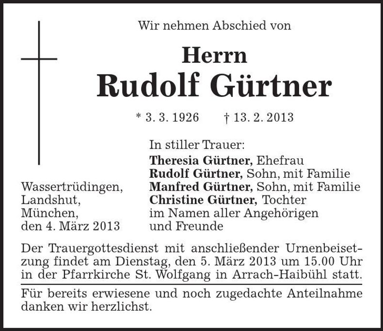 Traueranzeige Rudolf Gürtner
