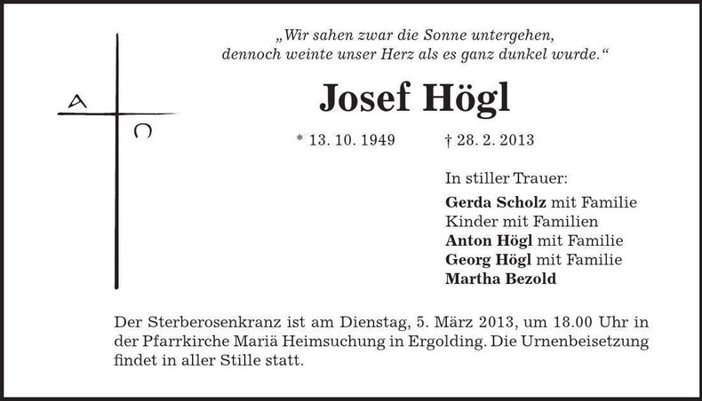 Traueranzeige Josef Högl
