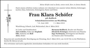 Traueranzeige Klara Schöfer