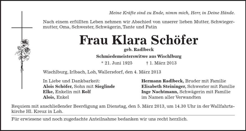 Traueranzeige Klara Schöfer