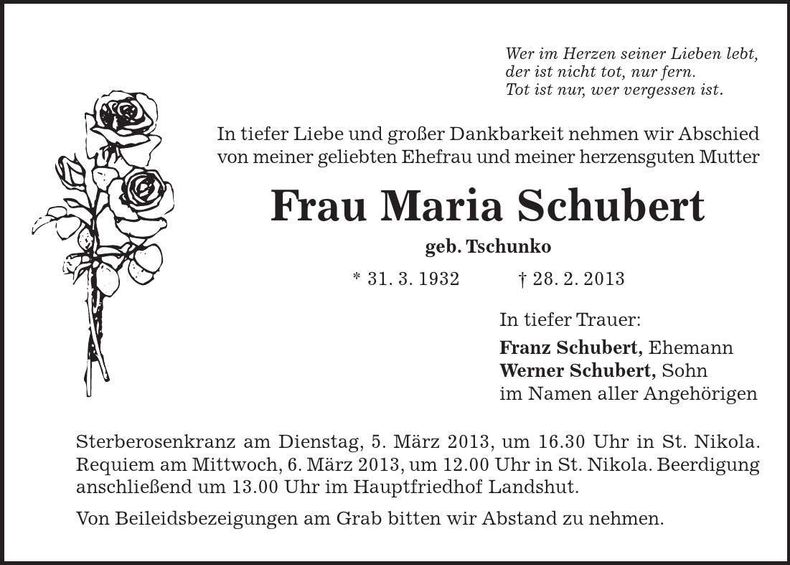 Traueranzeige Maria Schubert