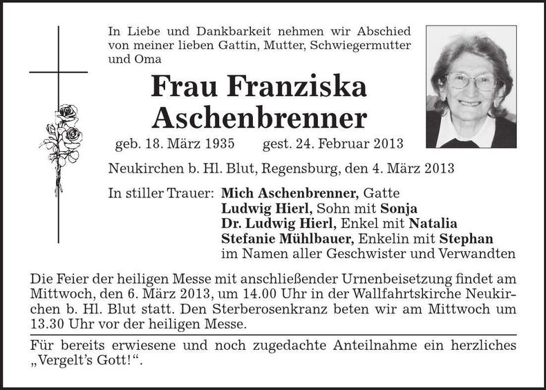 Traueranzeige Franziska Aschenbrenner