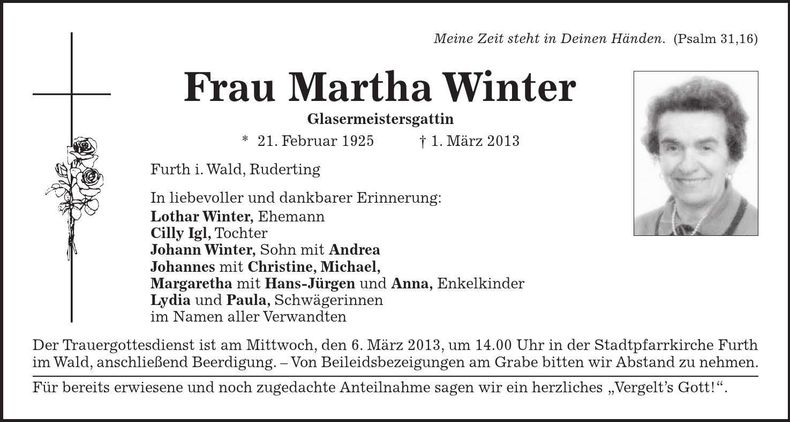 Traueranzeige Martha Winter