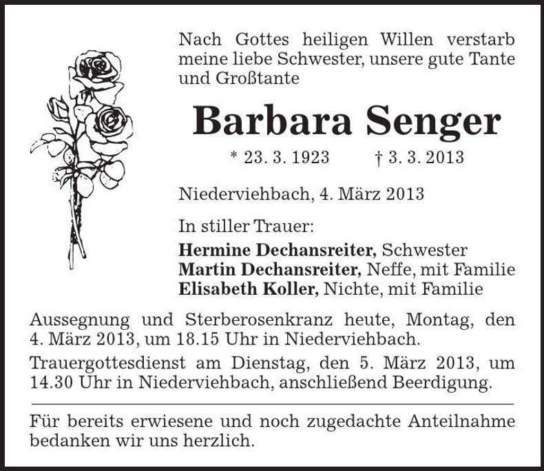 Traueranzeige Barbara Senner
