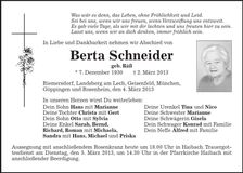 Traueranzeige Berta Schneider