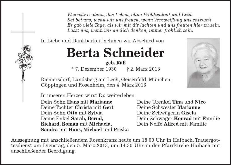 Traueranzeige Berta Schneider