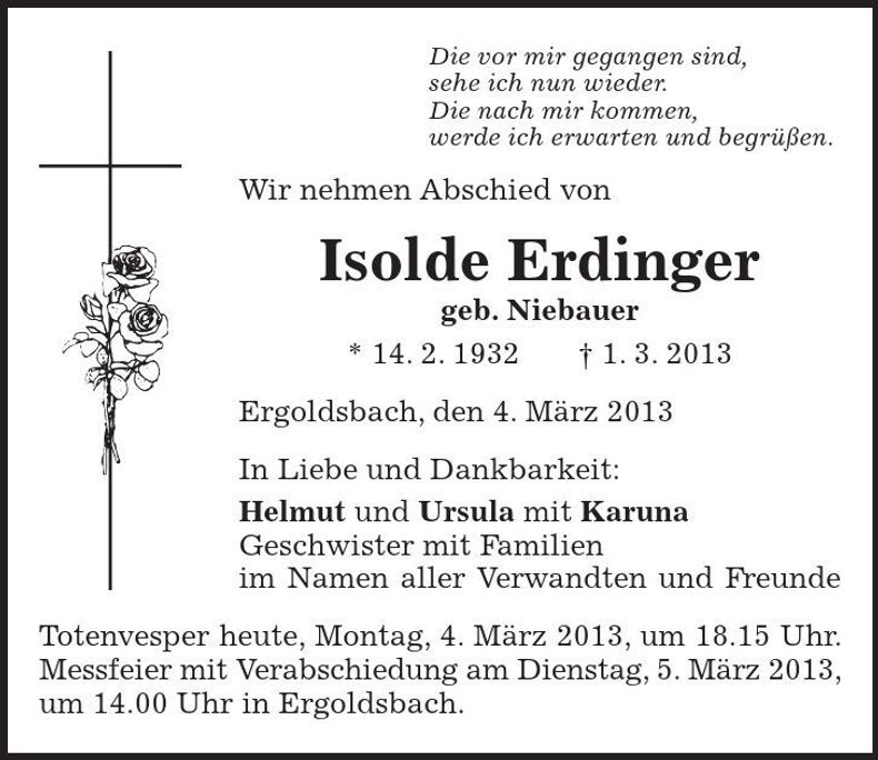 Traueranzeige Isolde Erdinger