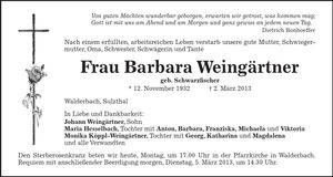 Traueranzeige Barbara Weingärtner