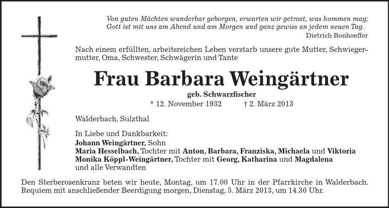 Traueranzeige Barbara Weingärtner