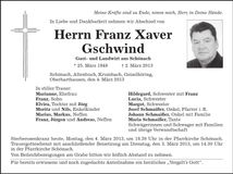 Traueranzeige Franz Xaver Gschwind