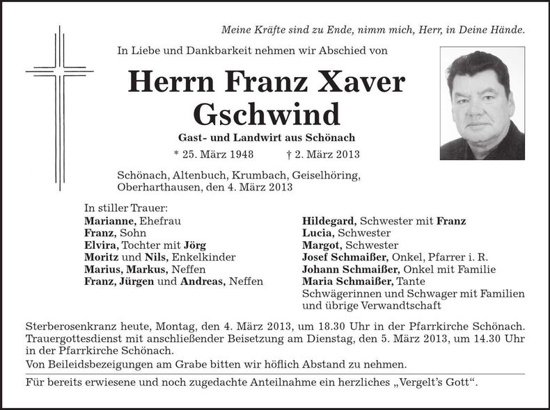 Traueranzeige Franz Xaver Gschwind