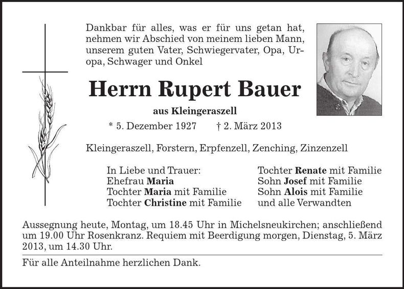 Traueranzeige Rupert Bauer