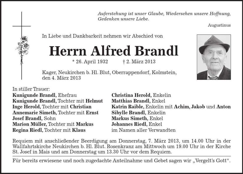 Traueranzeige Alfred Brandl