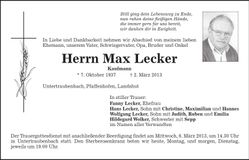 Traueranzeige Max Lecker