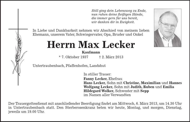 Traueranzeige Max Lecker
