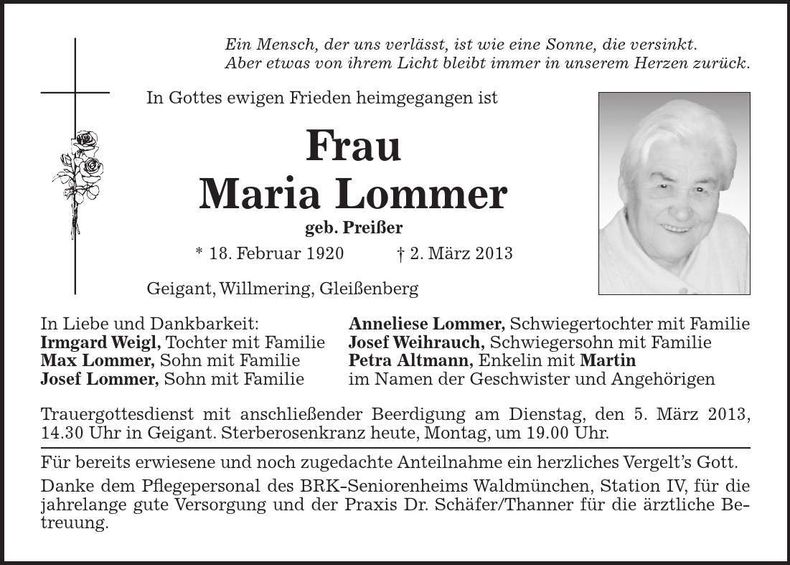 Traueranzeige Maria Lommer