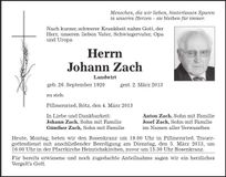 Traueranzeige Johann Zach