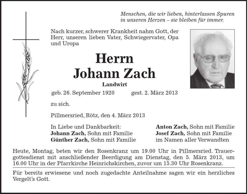 Traueranzeige Johann Zach