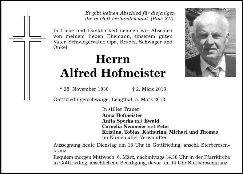 Traueranzeige Alfred Hofmeister